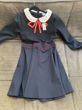 Jacadi Navy Dress with White Peter Pan Collar and Red Trim